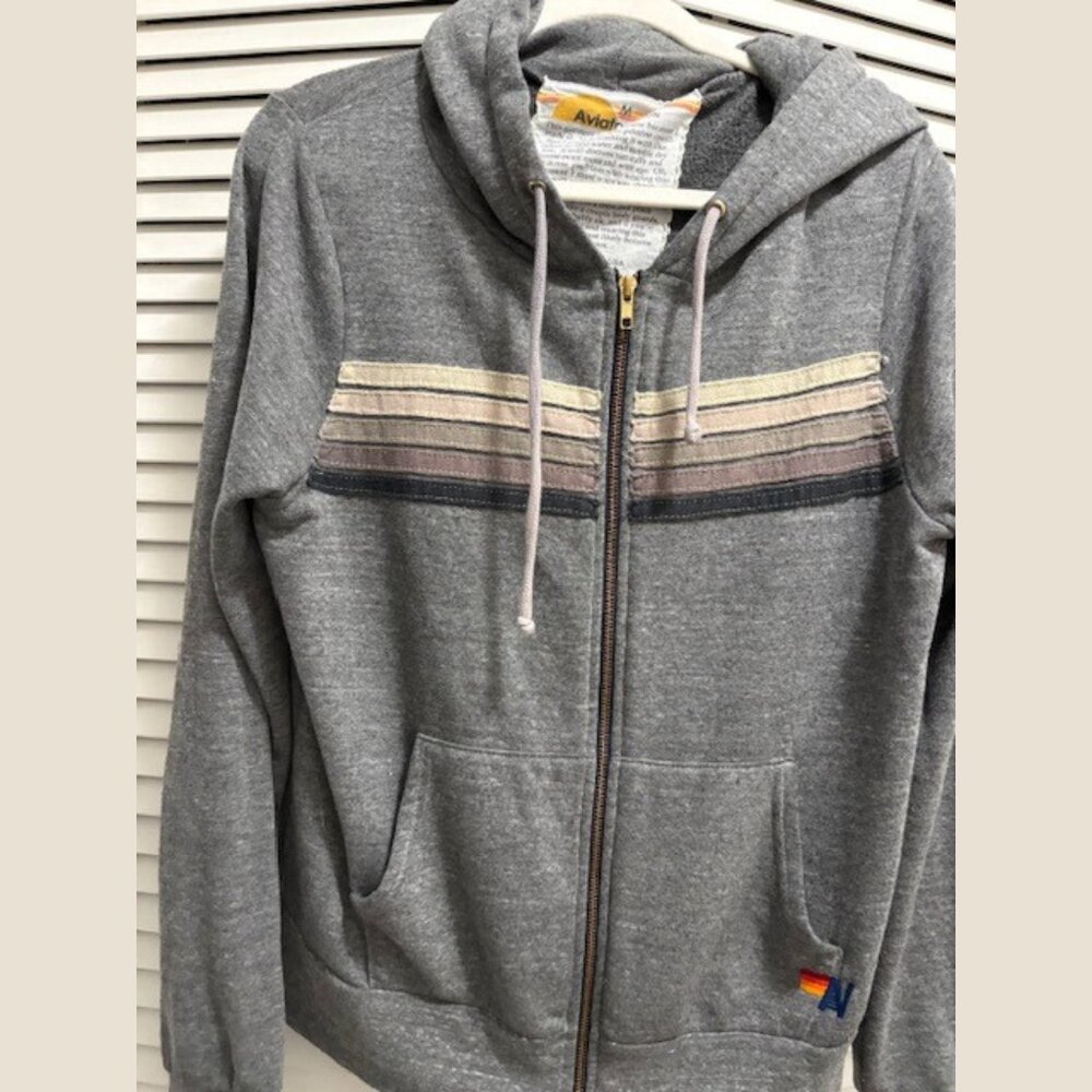 Aviator Nation 5 Stripe Zip Hoodie Heather Grey Size M